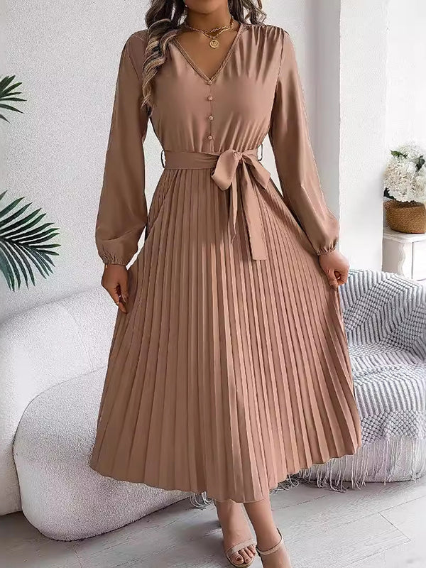 High Waisted Long Sleeves Belted Buttoned Pleated Solid Color V-Neck Maxi Dresses - Image 15