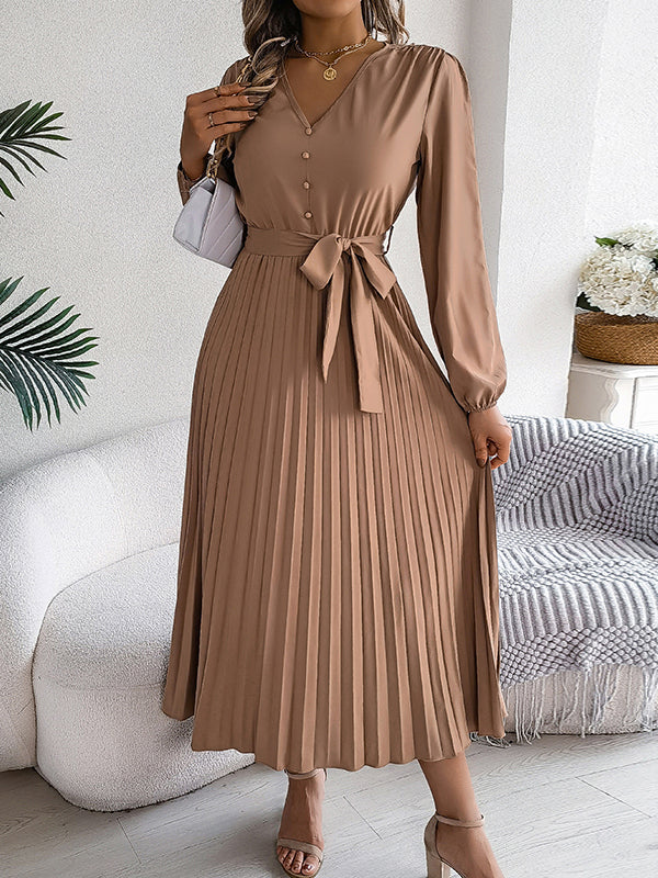 High Waisted Long Sleeves Belted Buttoned Pleated Solid Color V-Neck Maxi Dresses - Image 16