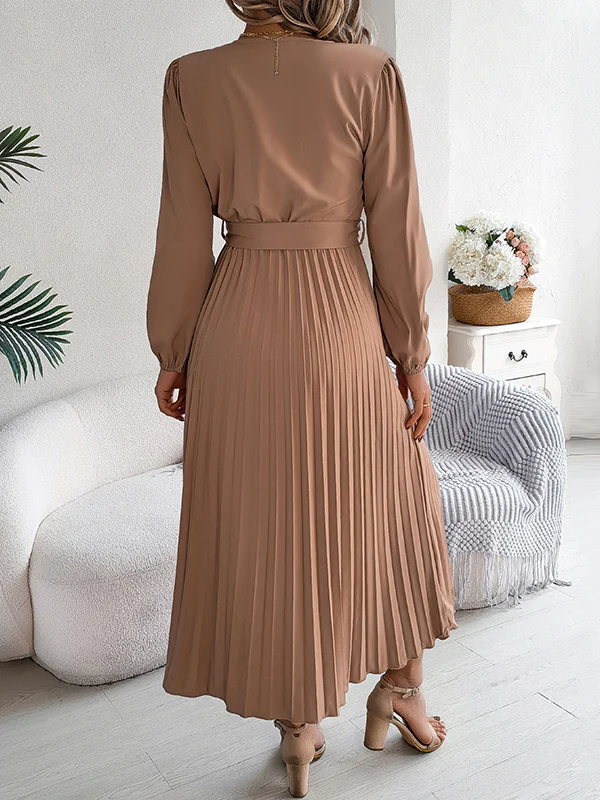 High Waisted Long Sleeves Belted Buttoned Pleated Solid Color V-Neck Maxi Dresses - Image 18