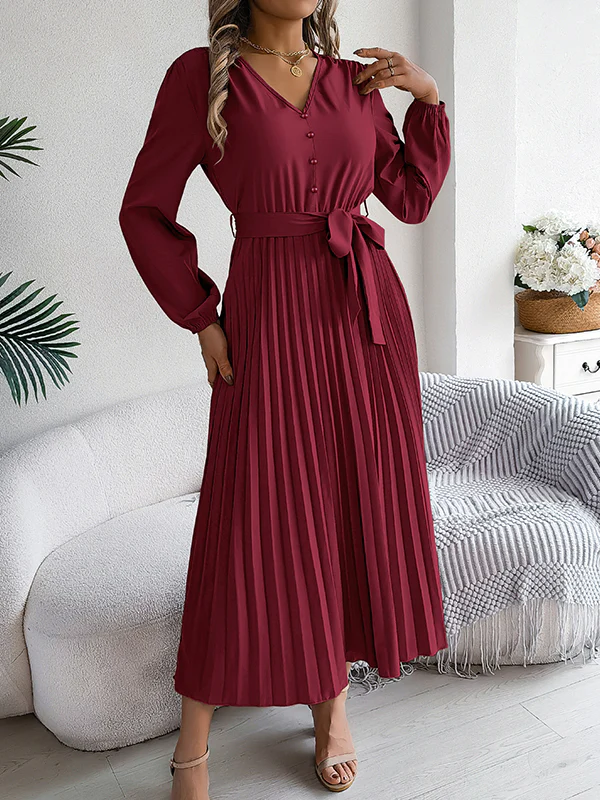 High Waisted Long Sleeves Belted Buttoned Pleated Solid Color V-Neck Maxi Dresses - Image 19