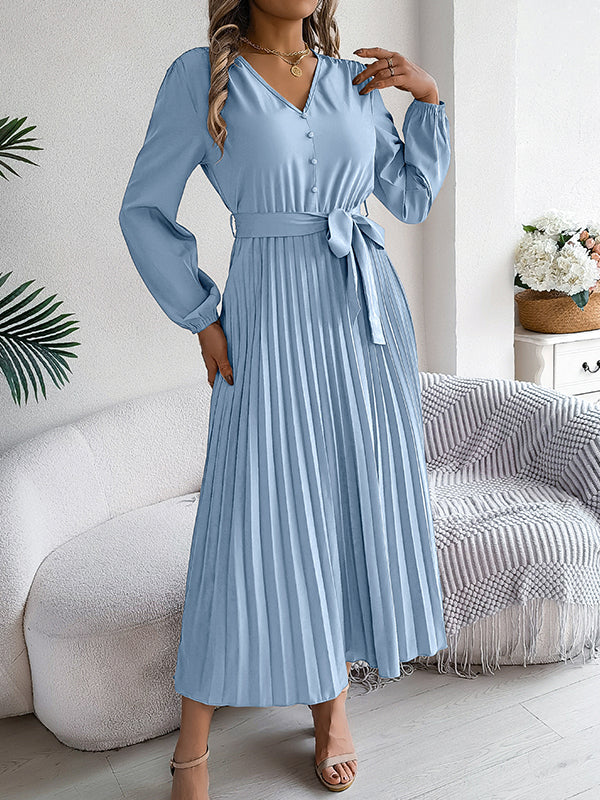 High Waisted Long Sleeves Belted Buttoned Pleated Solid Color V-Neck Maxi Dresses - Image 2
