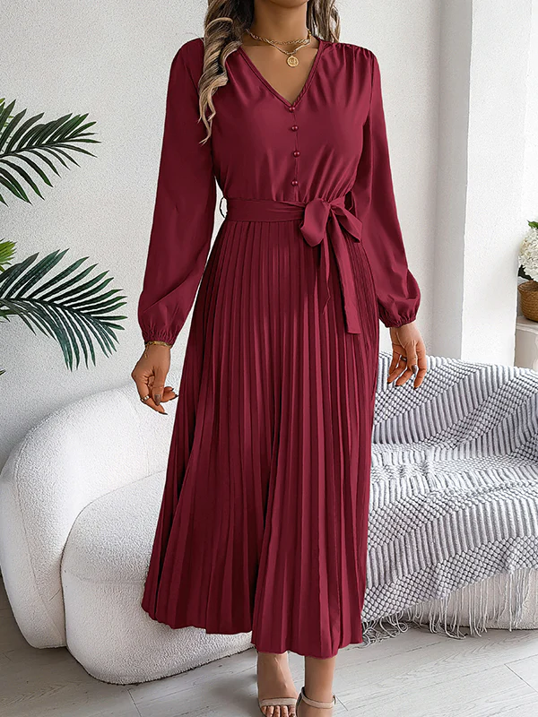 High Waisted Long Sleeves Belted Buttoned Pleated Solid Color V-Neck Maxi Dresses - Image 20