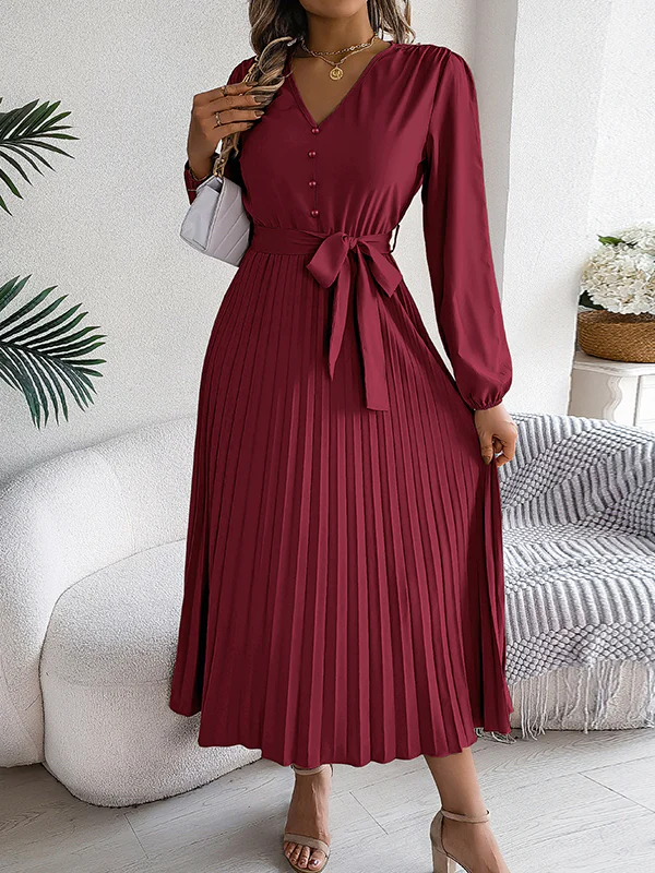 High Waisted Long Sleeves Belted Buttoned Pleated Solid Color V-Neck Maxi Dresses - Image 21