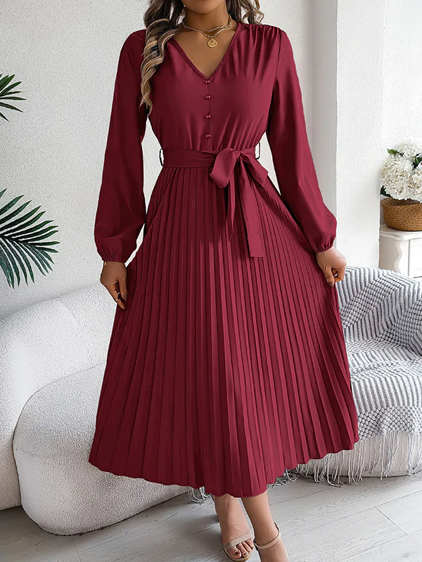 High Waisted Long Sleeves Belted Buttoned Pleated Solid Color V-Neck Maxi Dresses - Image 22