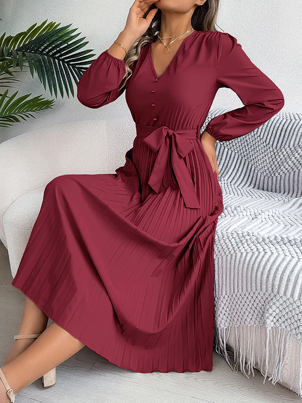 High Waisted Long Sleeves Belted Buttoned Pleated Solid Color V-Neck Maxi Dresses - Image 23