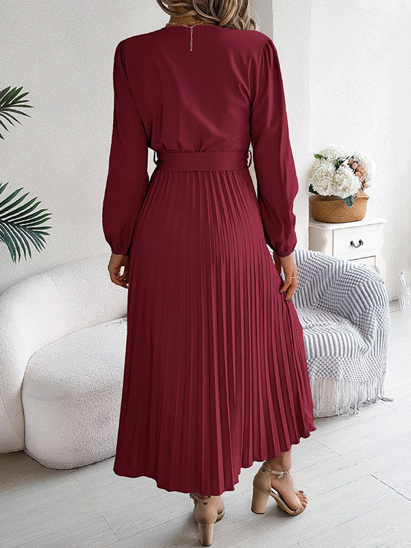 High Waisted Long Sleeves Belted Buttoned Pleated Solid Color V-Neck Maxi Dresses - Image 24