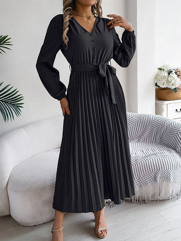 High Waisted Long Sleeves Belted Buttoned Pleated Solid Color V-Neck Maxi Dresses - Image 25