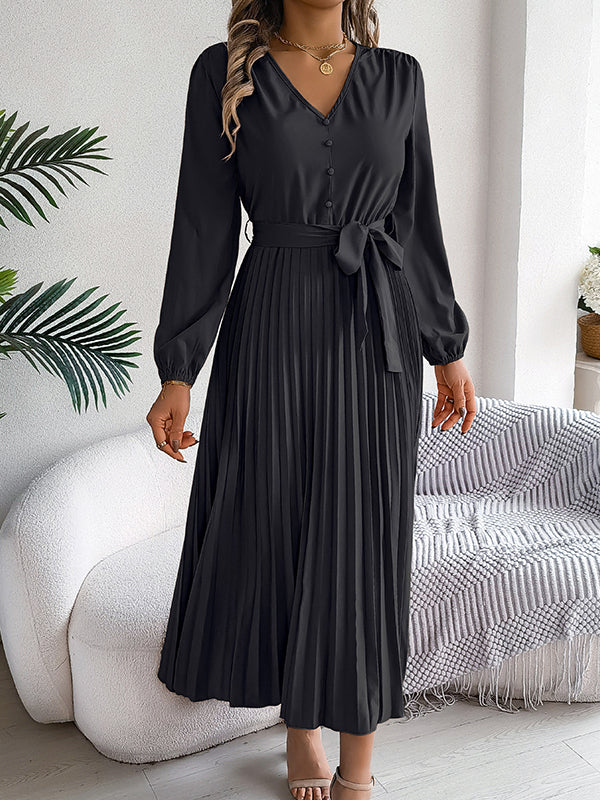 High Waisted Long Sleeves Belted Buttoned Pleated Solid Color V-Neck Maxi Dresses - Image 26