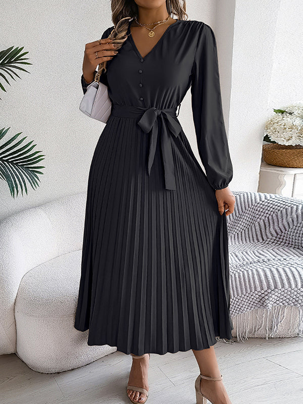 High Waisted Long Sleeves Belted Buttoned Pleated Solid Color V-Neck Maxi Dresses - Image 27