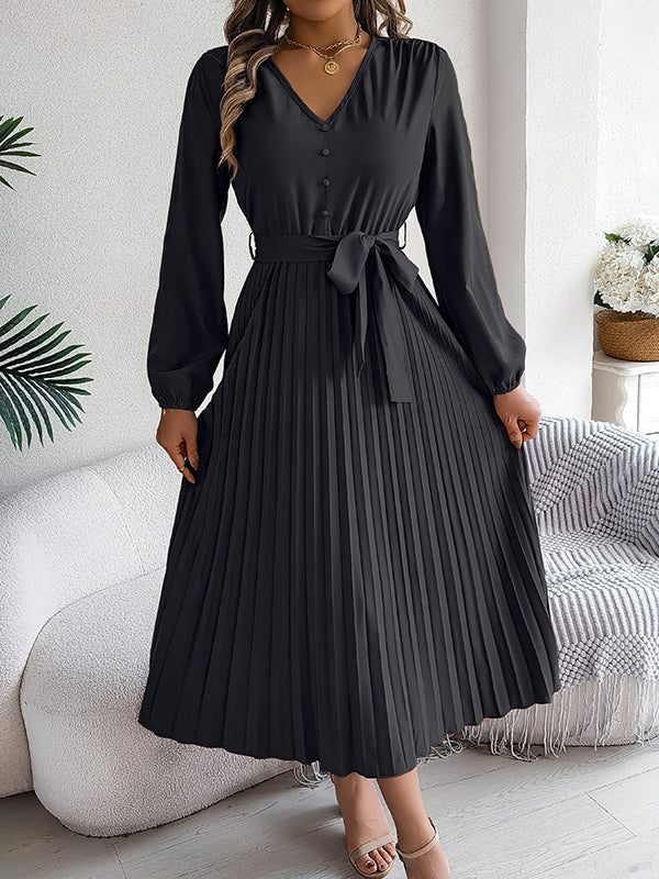 High Waisted Long Sleeves Belted Buttoned Pleated Solid Color V-Neck Maxi Dresses - Image 28