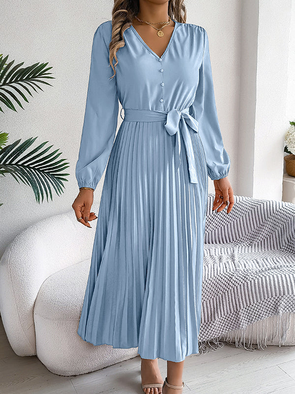 High Waisted Long Sleeves Belted Buttoned Pleated Solid Color V-Neck Maxi Dresses - Image 3