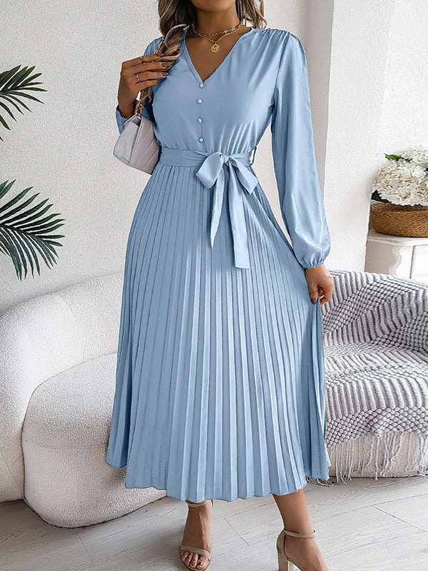 High Waisted Long Sleeves Belted Buttoned Pleated Solid Color V-Neck Maxi Dresses - Image 4