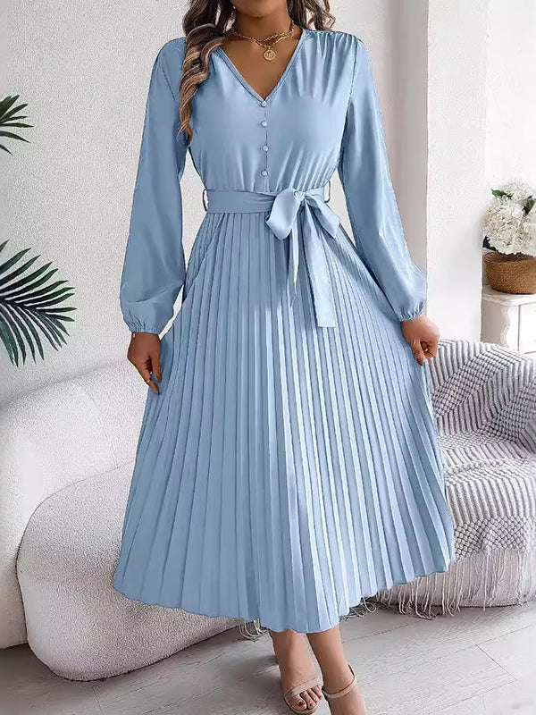 High Waisted Long Sleeves Belted Buttoned Pleated Solid Color V-Neck Maxi Dresses - Image 5