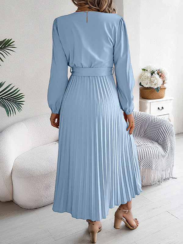 High Waisted Long Sleeves Belted Buttoned Pleated Solid Color V-Neck Maxi Dresses - Image 7