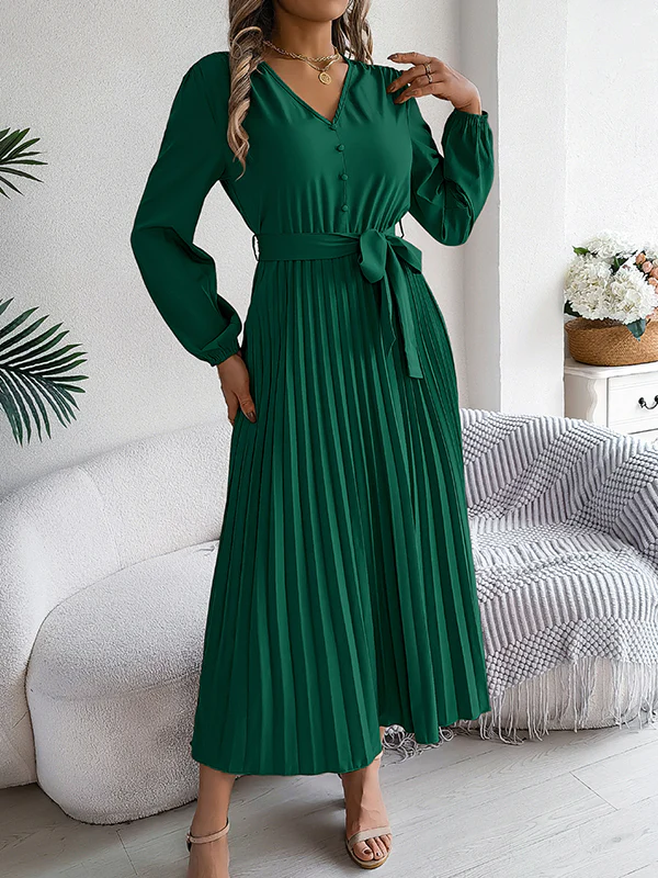 High Waisted Long Sleeves Belted Buttoned Pleated Solid Color V-Neck Maxi Dresses - Image 8