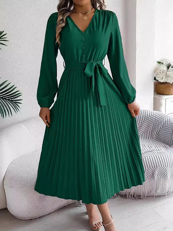High Waisted Long Sleeves Belted Buttoned Pleated Solid Color V-Neck Maxi Dresses - Image 9