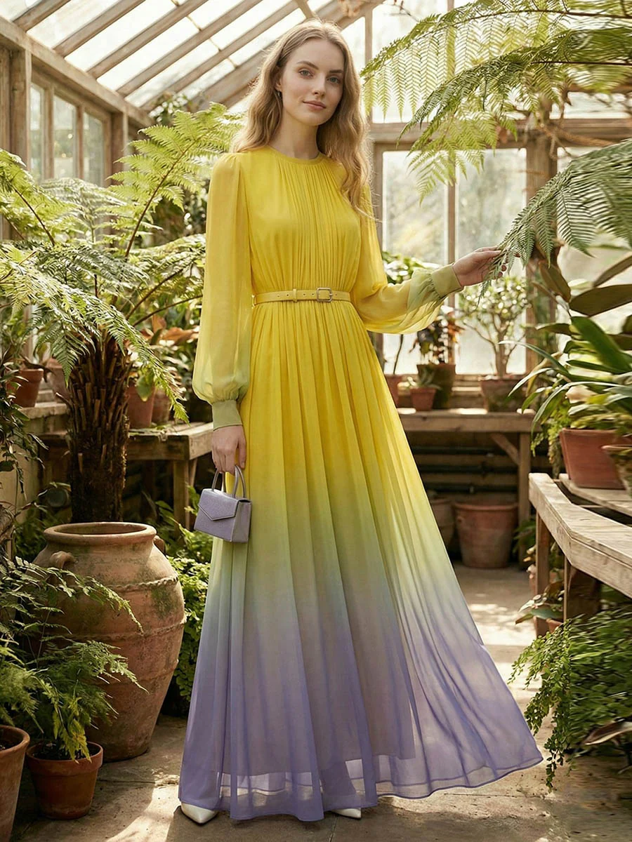High Waisted Long Sleeves Belted Contrast Color Gradient Pleated Split-Joint Round-Neck Maxi Dresses - Image 2