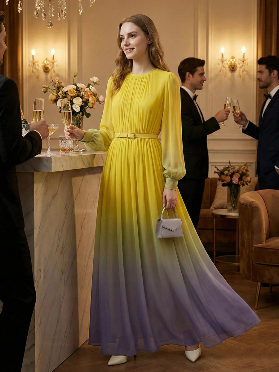 High Waisted Long Sleeves Belted Contrast Color Gradient Pleated Split-Joint Round-Neck Maxi Dresses - Image 3