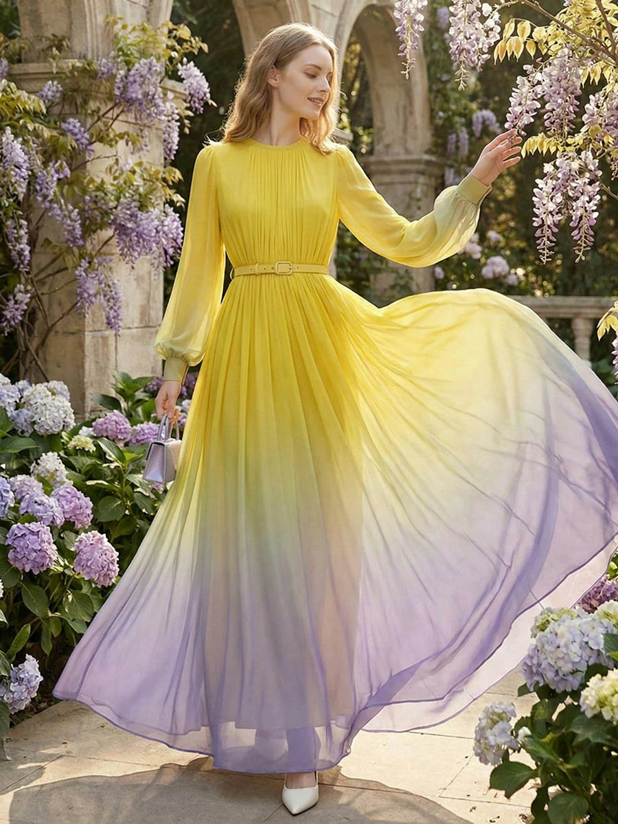 High Waisted Long Sleeves Belted Contrast Color Gradient Pleated Split-Joint Round-Neck Maxi Dresses - Image 4