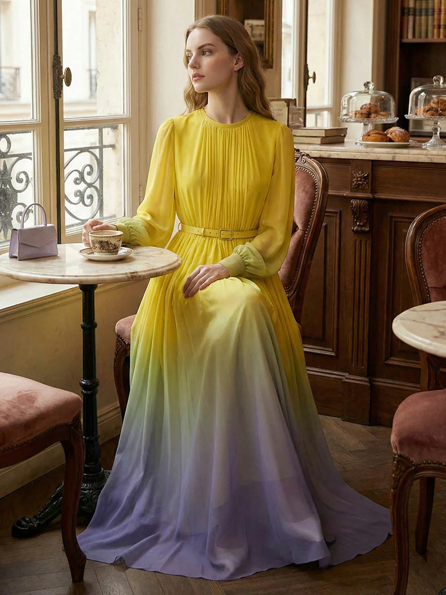 High Waisted Long Sleeves Belted Contrast Color Gradient Pleated Split-Joint Round-Neck Maxi Dresses - Image 5