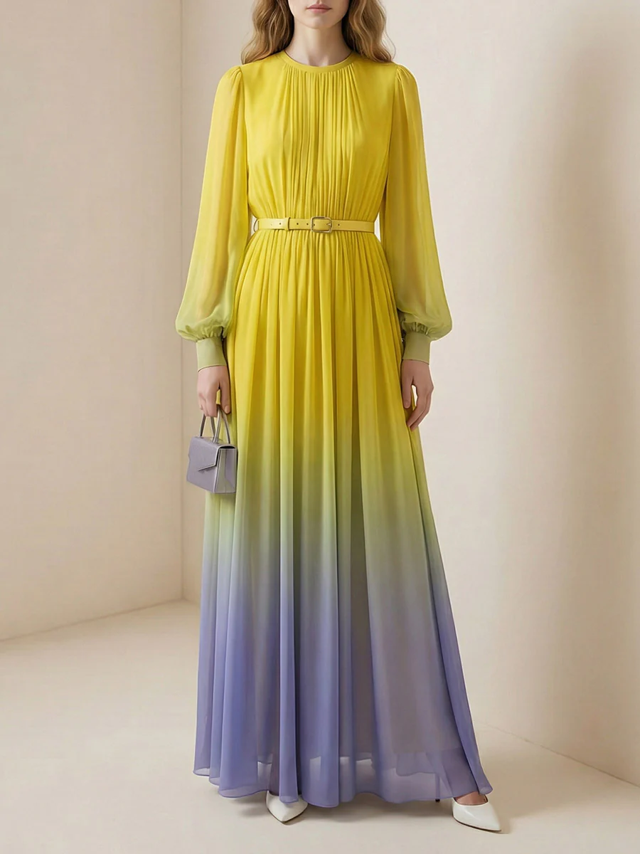 High Waisted Long Sleeves Belted Contrast Color Gradient Pleated Split-Joint Round-Neck Maxi Dresses - Image 6