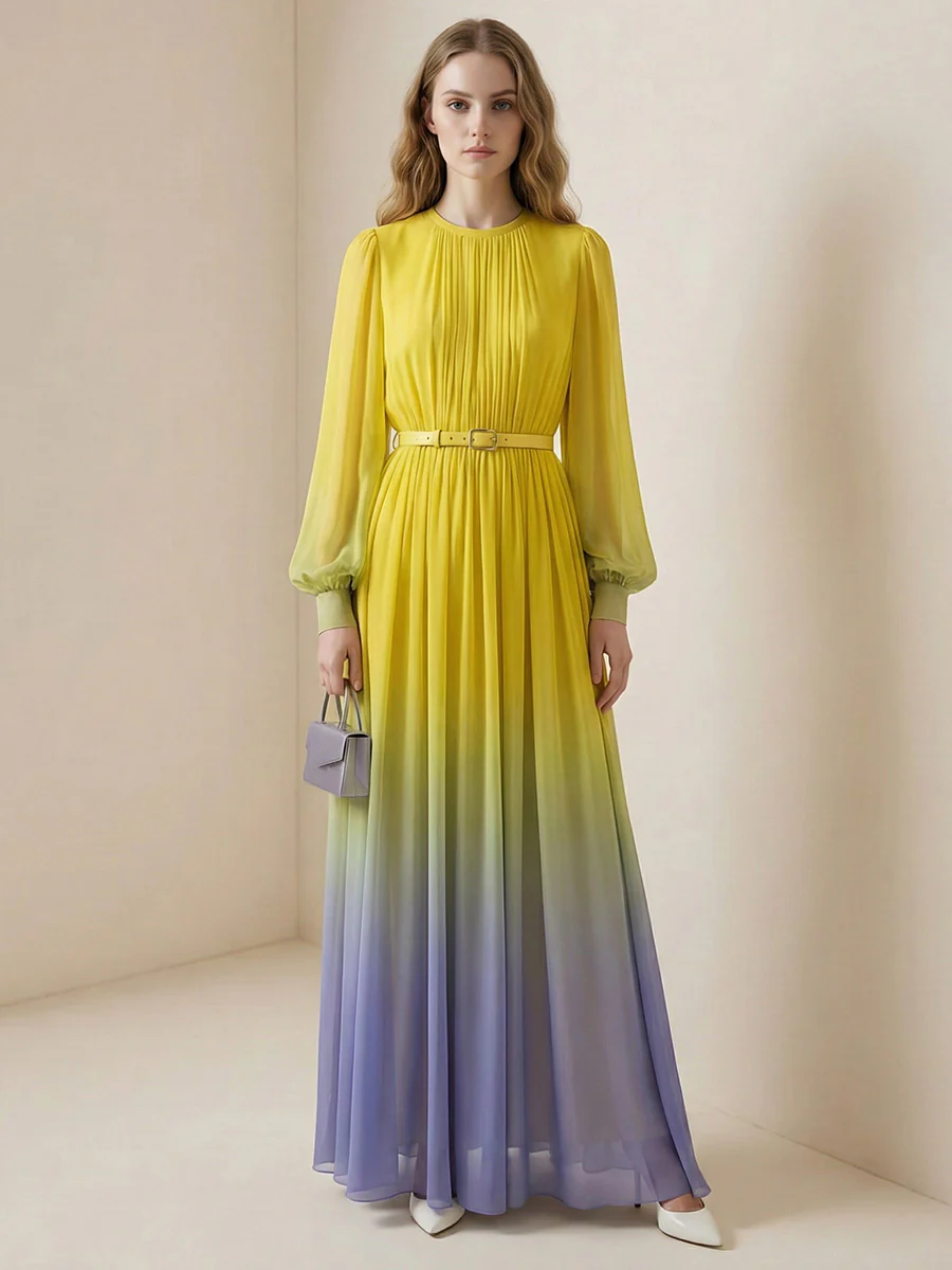 High Waisted Long Sleeves Belted Contrast Color Gradient Pleated Split-Joint Round-Neck Maxi Dresses - Image 7