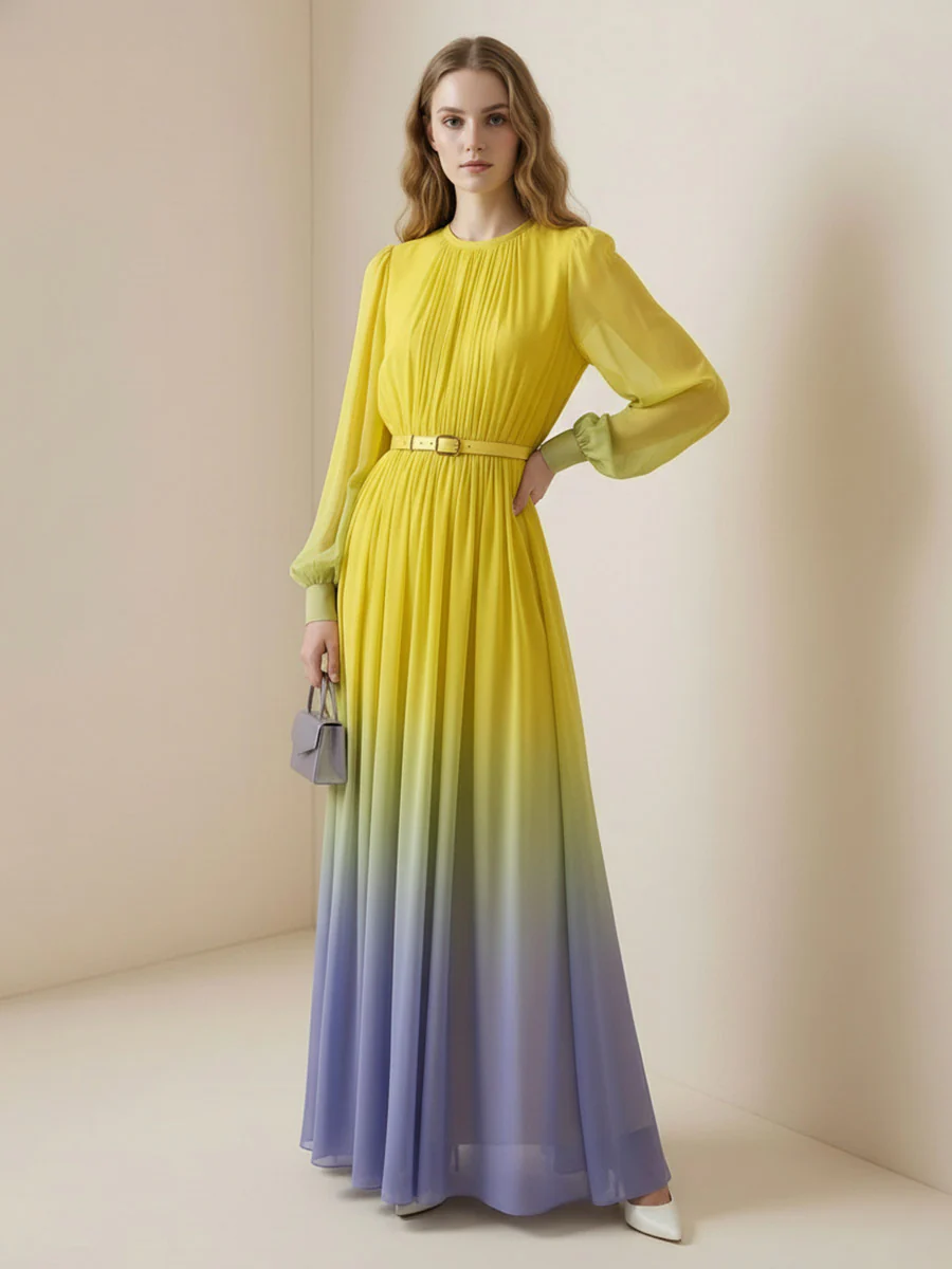 High Waisted Long Sleeves Belted Contrast Color Gradient Pleated Split-Joint Round-Neck Maxi Dresses - Image 8