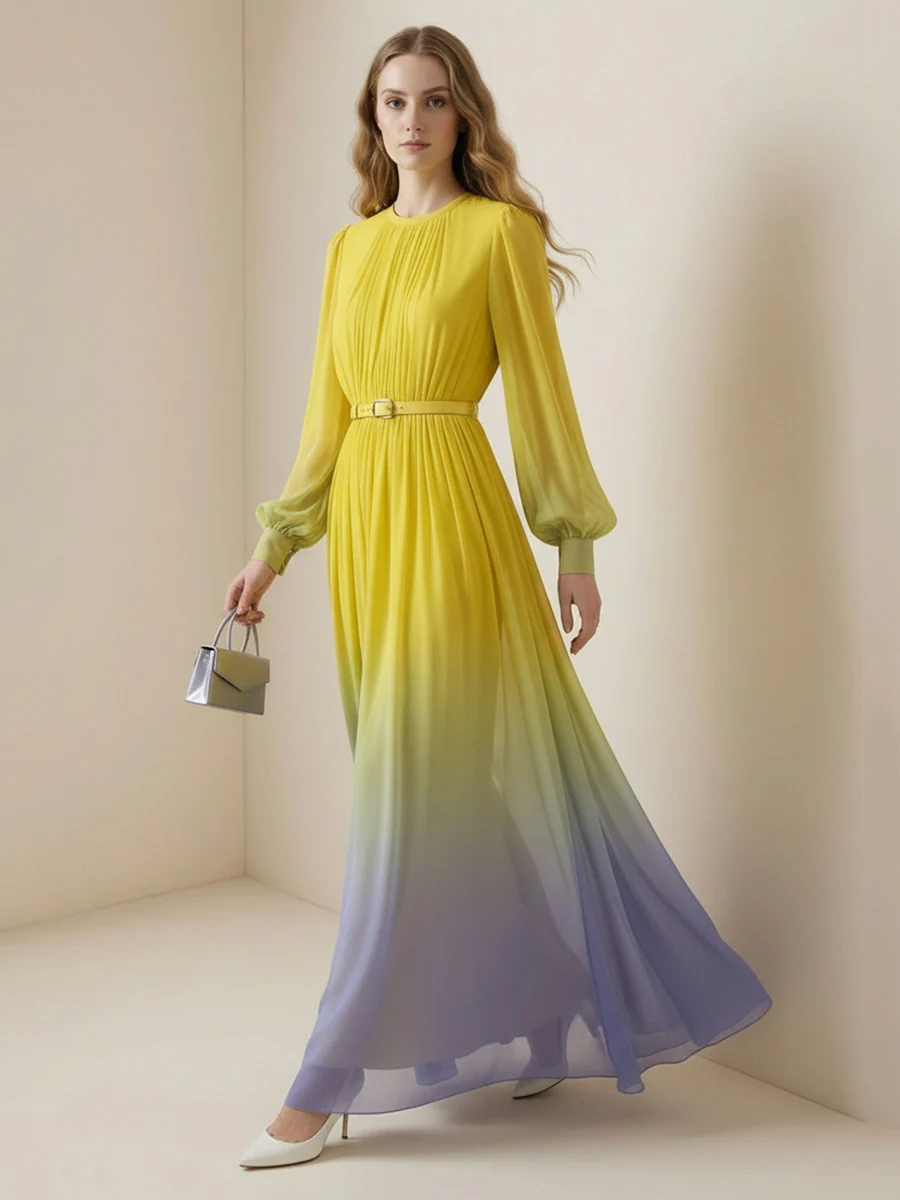 High Waisted Long Sleeves Belted Contrast Color Gradient Pleated Split-Joint Round-Neck Maxi Dresses - Image 9