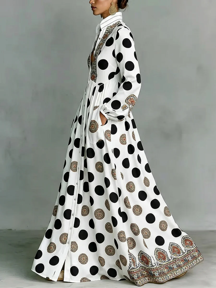 High Waisted Long Sleeves Big Hemline Buttoned Contrast Color Pleated Pockets Polka-Dot Stand Collar Maxi Dresses - Image 2