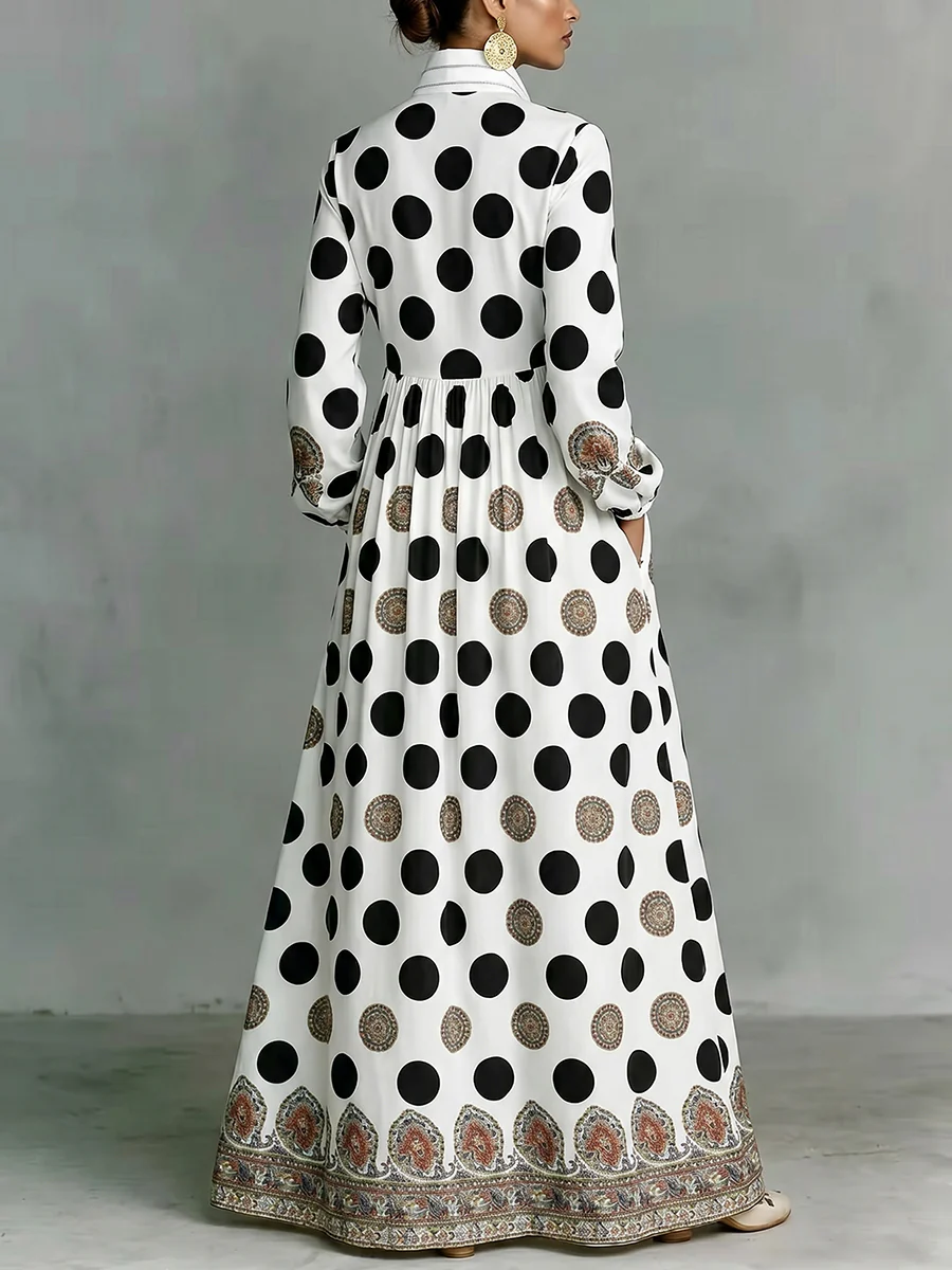 High Waisted Long Sleeves Big Hemline Buttoned Contrast Color Pleated Pockets Polka-Dot Stand Collar Maxi Dresses - Image 3