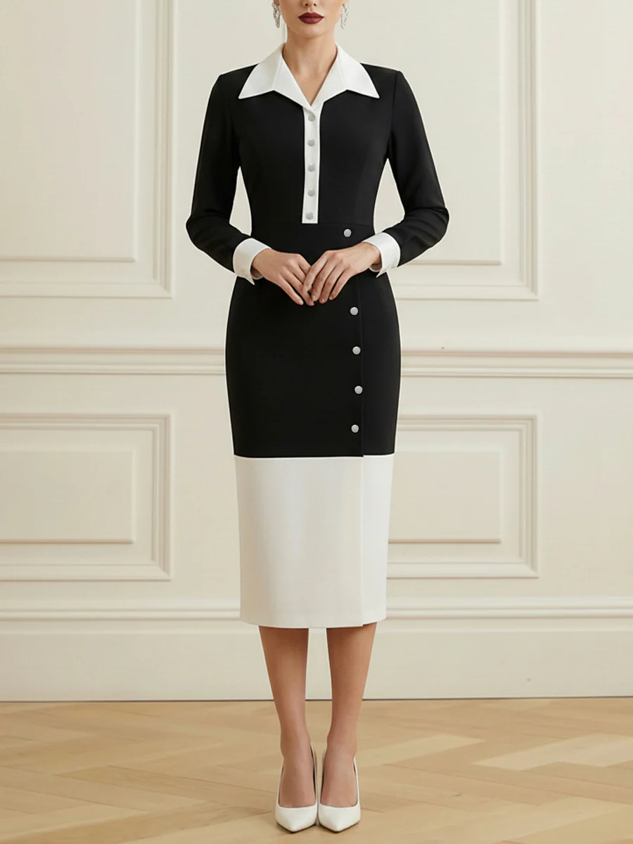 High Waisted Long Sleeves Buttoned Contrast Color Split-Front Split-Joint Lapel Midi Dresses - Image 2