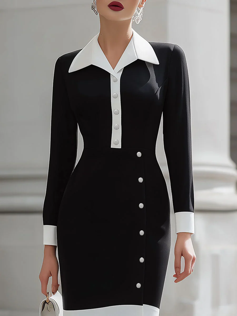 High Waisted Long Sleeves Buttoned Contrast Color Split-Front Split-Joint Lapel Midi Dresses - Image 8