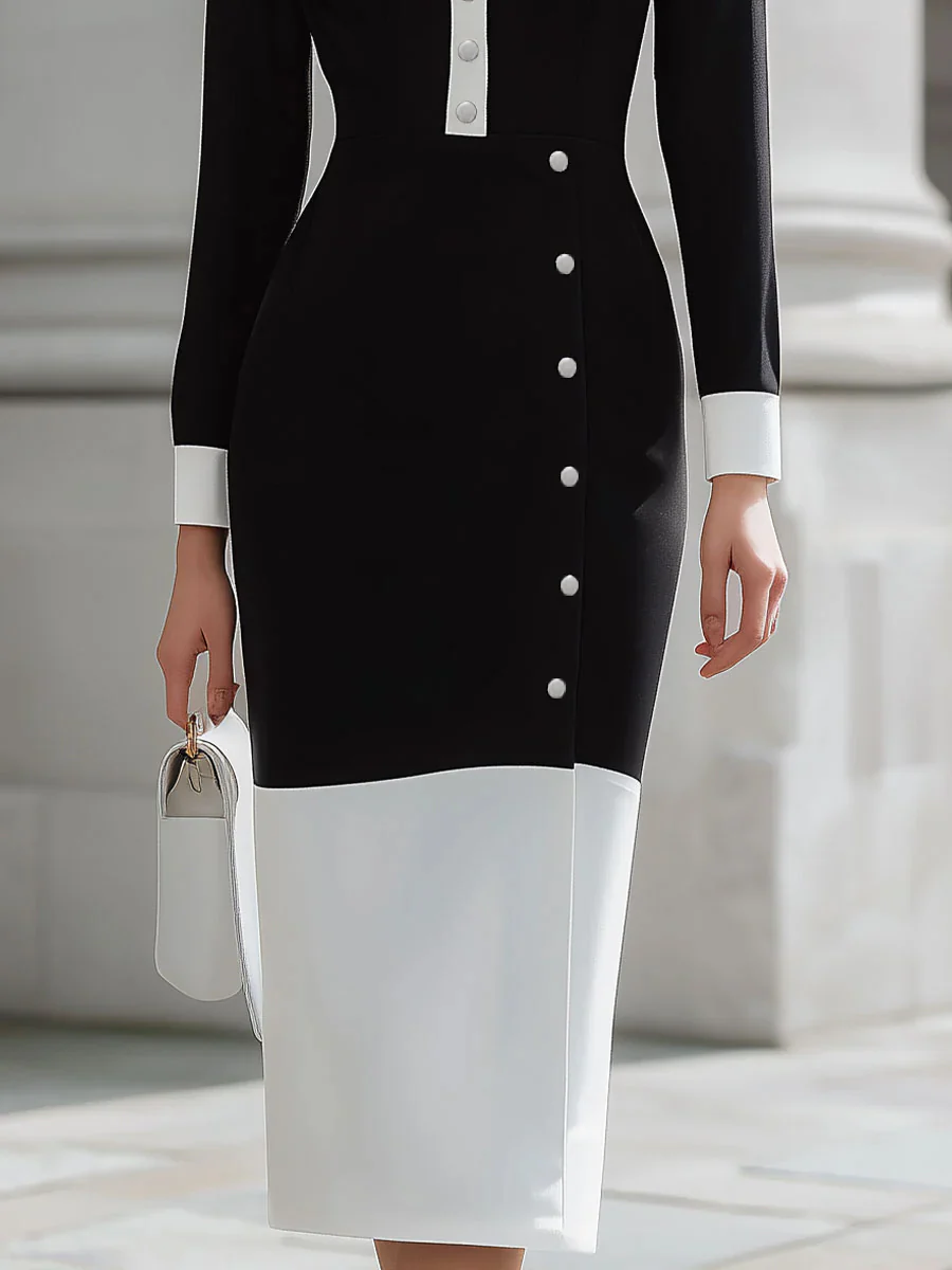 High Waisted Long Sleeves Buttoned Contrast Color Split-Front Split-Joint Lapel Midi Dresses - Image 9