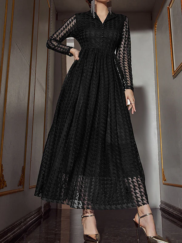 High Waisted Long Sleeves Buttoned Gauze See-Through Solid Color V-Neck Maxi Dresses - Image 10