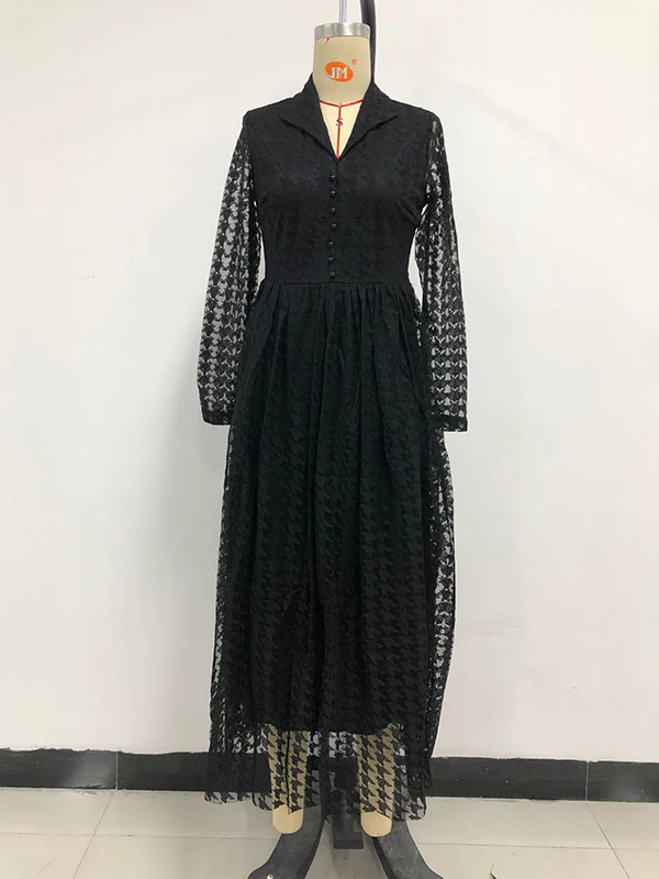 High Waisted Long Sleeves Buttoned Gauze See-Through Solid Color V-Neck Maxi Dresses - Image 11