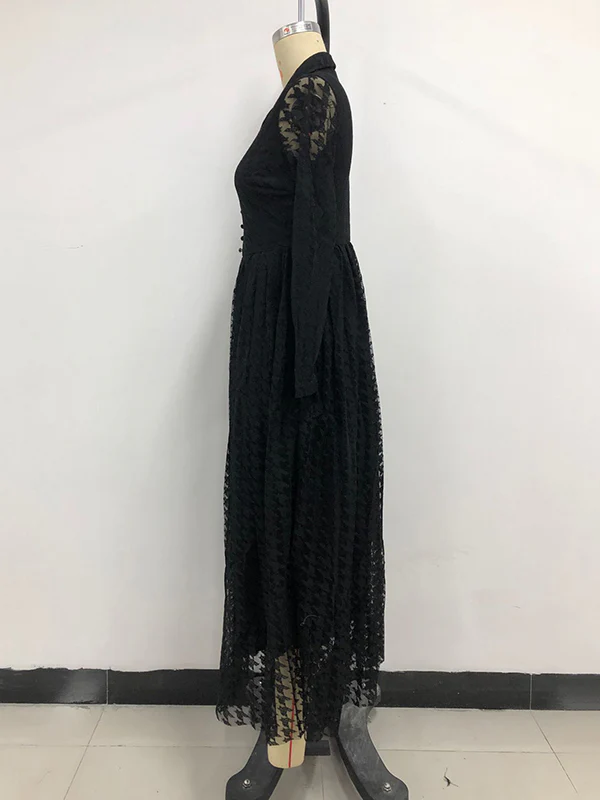 High Waisted Long Sleeves Buttoned Gauze See-Through Solid Color V-Neck Maxi Dresses - Image 12