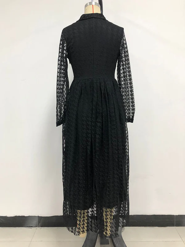 High Waisted Long Sleeves Buttoned Gauze See-Through Solid Color V-Neck Maxi Dresses - Image 13