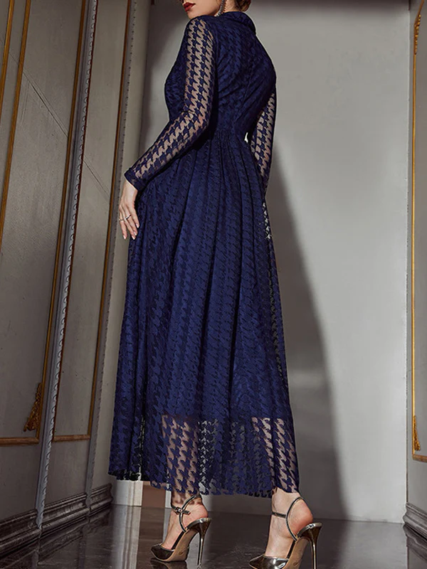High Waisted Long Sleeves Buttoned Gauze See-Through Solid Color V-Neck Maxi Dresses - Image 3