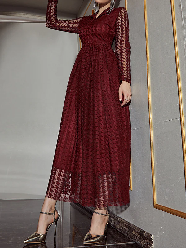 High Waisted Long Sleeves Buttoned Gauze See-Through Solid Color V-Neck Maxi Dresses - Image 4