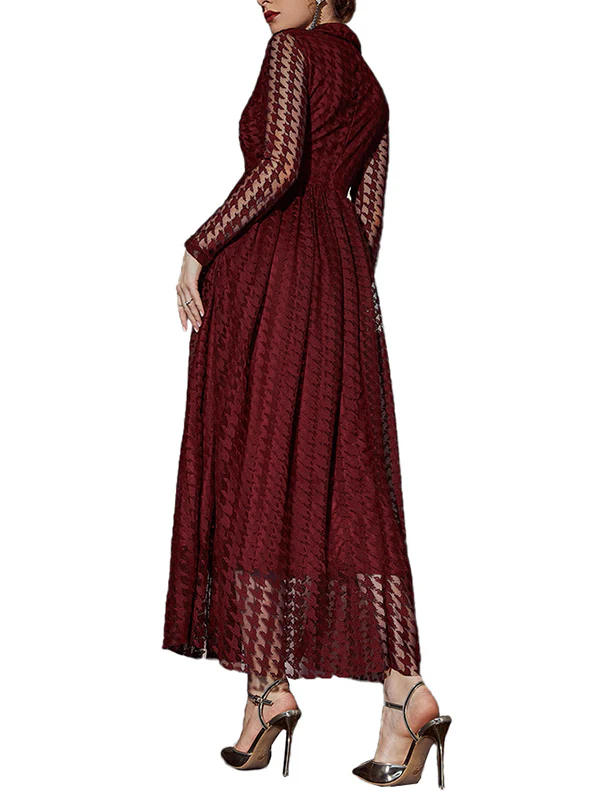 High Waisted Long Sleeves Buttoned Gauze See-Through Solid Color V-Neck Maxi Dresses - Image 5