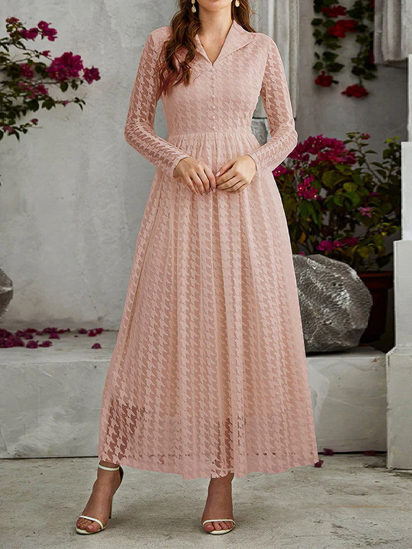 High Waisted Long Sleeves Buttoned Gauze See-Through Solid Color V-Neck Maxi Dresses - Image 6