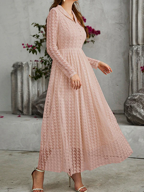 High Waisted Long Sleeves Buttoned Gauze See-Through Solid Color V-Neck Maxi Dresses - Image 7