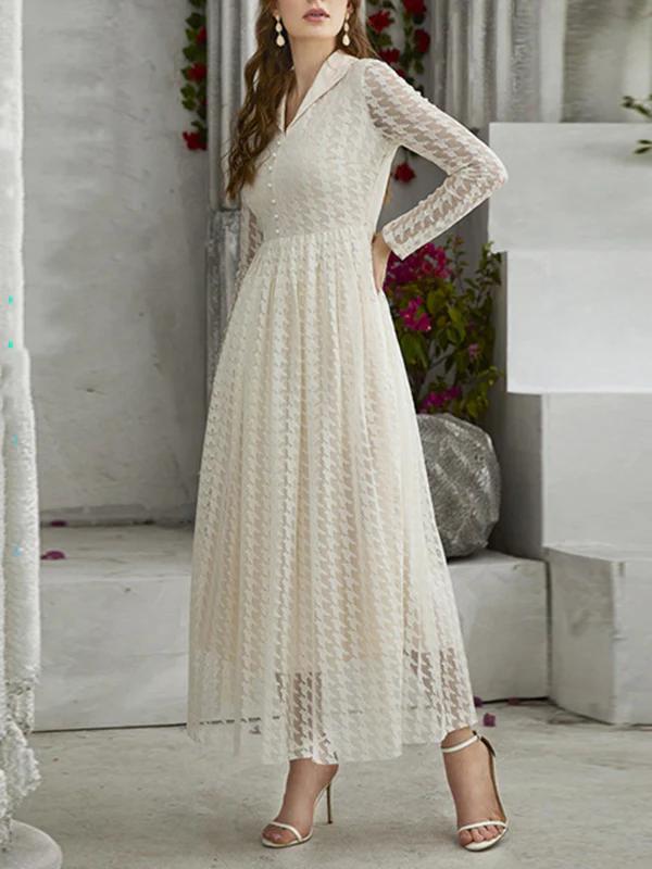 High Waisted Long Sleeves Buttoned Gauze See-Through Solid Color V-Neck Maxi Dresses - Image 8