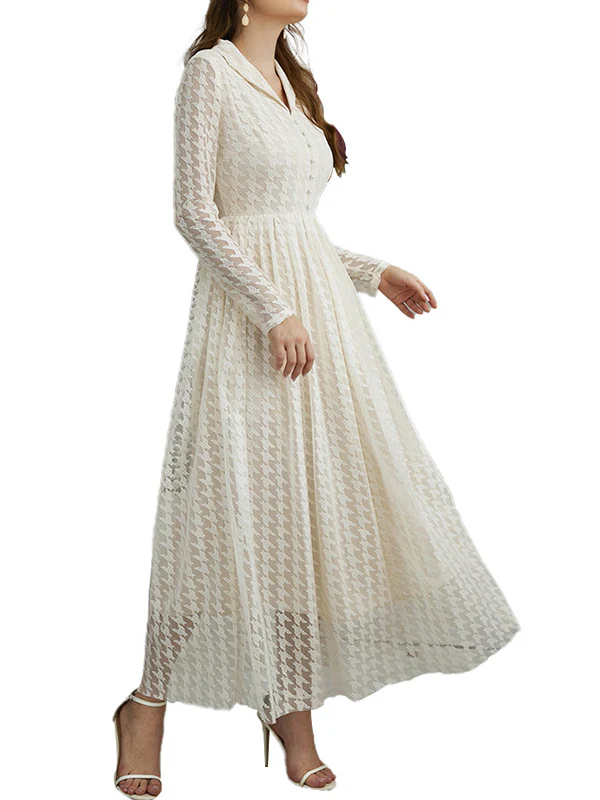 High Waisted Long Sleeves Buttoned Gauze See-Through Solid Color V-Neck Maxi Dresses - Image 9