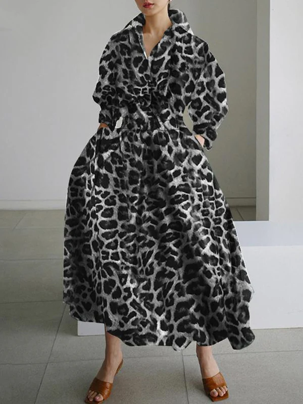 High Waisted Long Sleeves Buttoned Leopard Lapel Maxi Dresses - Image 2