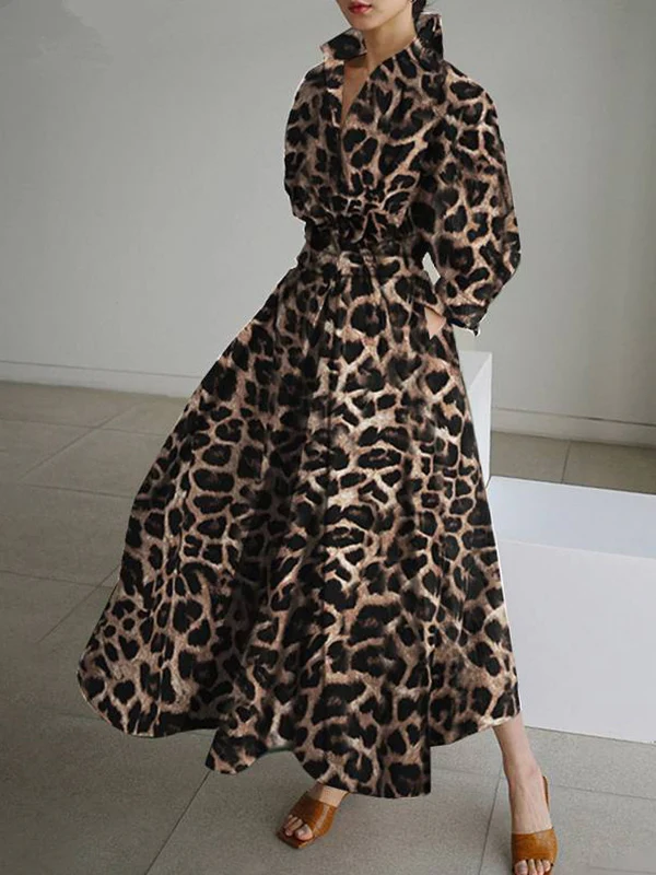 High Waisted Long Sleeves Buttoned Leopard Lapel Maxi Dresses - Image 3