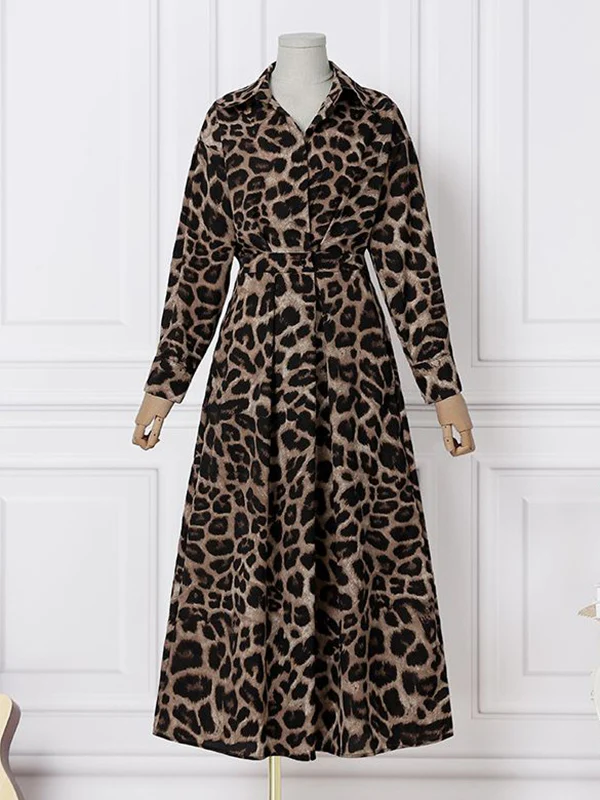 High Waisted Long Sleeves Buttoned Leopard Lapel Maxi Dresses - Image 4