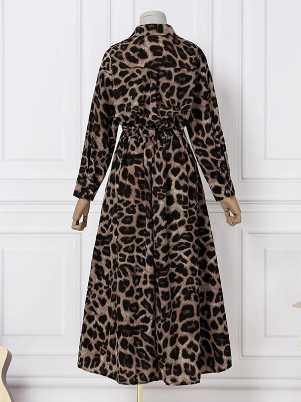 High Waisted Long Sleeves Buttoned Leopard Lapel Maxi Dresses - Image 5