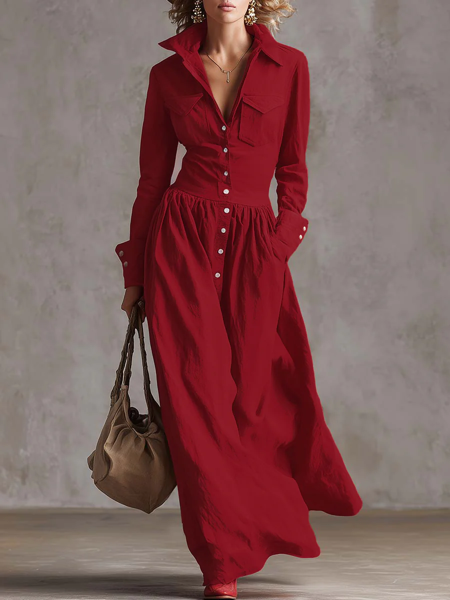 High Waisted Long Sleeves Buttoned Pleated Pockets Solid Color Split-Joint Lapel Maxi Dresses - Image 2