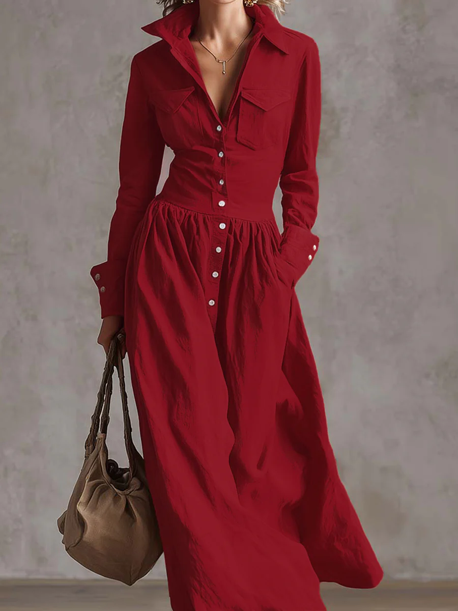 High Waisted Long Sleeves Buttoned Pleated Pockets Solid Color Split-Joint Lapel Maxi Dresses - Image 3